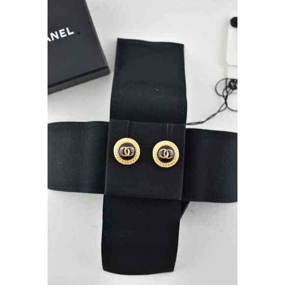 Chanel 21S Gold Black Chain Link CC Logo Large Dangle Statement Stud Earrings - Picture 4 of 12